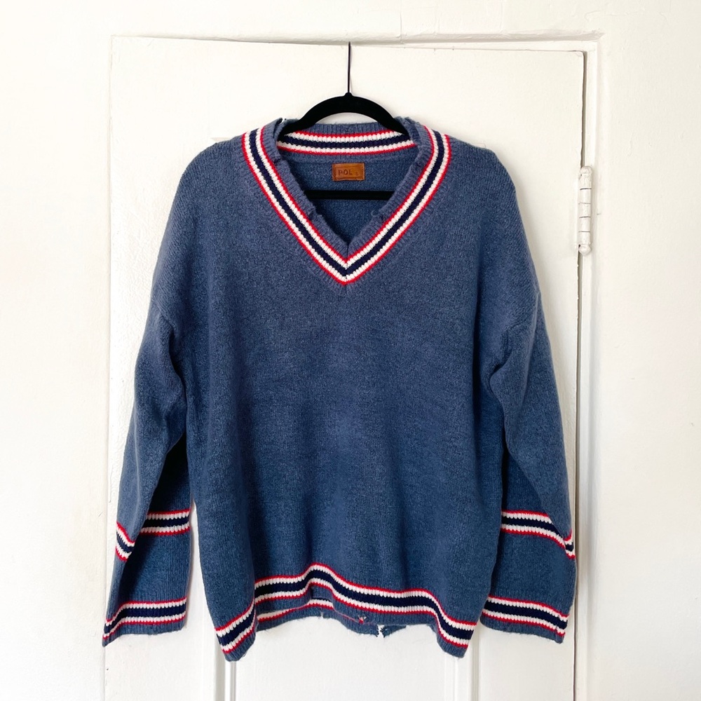 NWOT, POL, varsity woven sweater, size S, blue-grey, distressed edges, V-neck